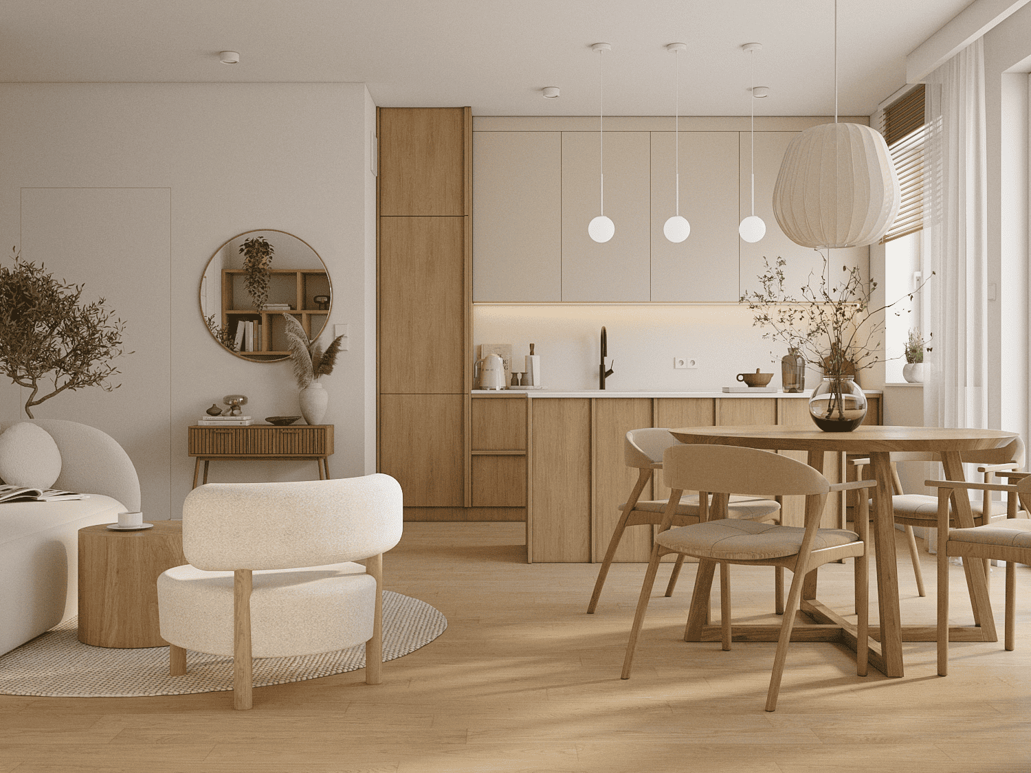 japandi, widok na kuchnię oraz salon, mieszkanie 62m Poznań, miasto